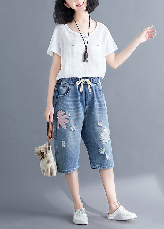Stylish Blue Embroidered Denim Ripped Jeans Summer