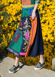 Stylish Blue Embroidered Floral Tassel Elastic Waist Maxi Skirt Summer