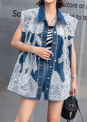 Stylish Blue Embroidered Nail Bead Patchwork Denim Vest Tops Sleeveless
