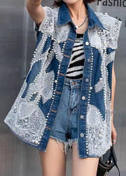 Stylish Blue Embroidered Nail Bead Patchwork Denim Vest Tops Sleeveless