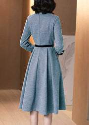 Stylish Blue Embroidered Nail bead zippered Tie Waist  Winter Long sleeve Dresses