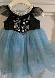 Stylish Blue Embroidered Wrinkled Patchwork Tulle Kids Girls Dress Sleeveless