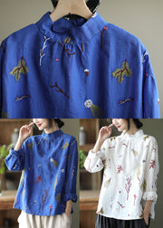 Stylish Blue Embroidered retro Linen Blouse Tops Spring