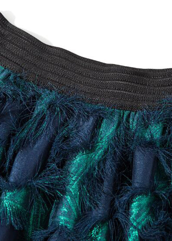 Stylish Blue Feather Tassel Elastic Waist Maxi Skirt Spring
