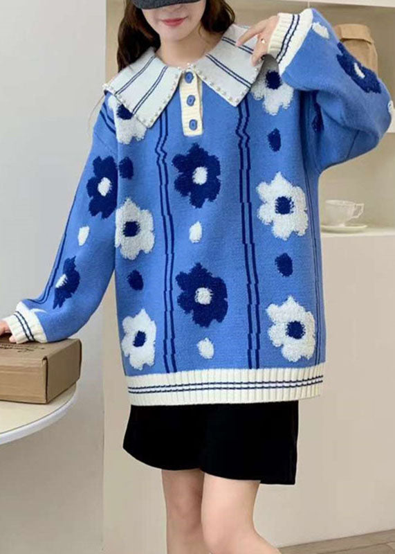 Stylish Blue Floral Button Cozy Cotton Knit Sweaters Fall