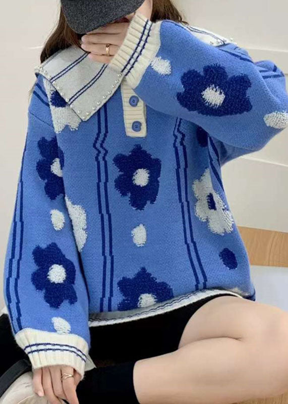 Stylish Blue Floral Button Cozy Cotton Knit Sweaters Fall
