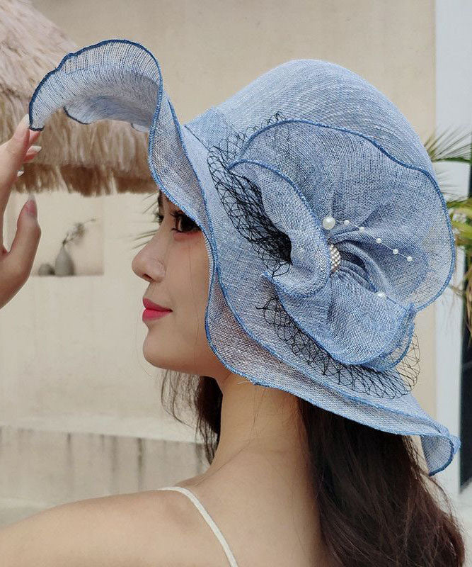 Stylish Blue Floral Nail Bead Linen Floppy Sun Hat