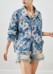 Stylish Blue Floral Painting Cotton Coat Outwear Fall