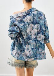 Stylish Blue Floral Painting Cotton Coat Outwear Fall