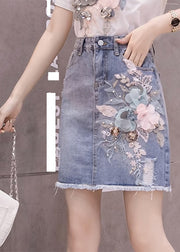 Stylish Blue Floral Patchwork High Waist Nail Bead Denim Skirt