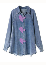 Stylish Blue Heart Button Patchwork Denim Shirts Tops Spring
