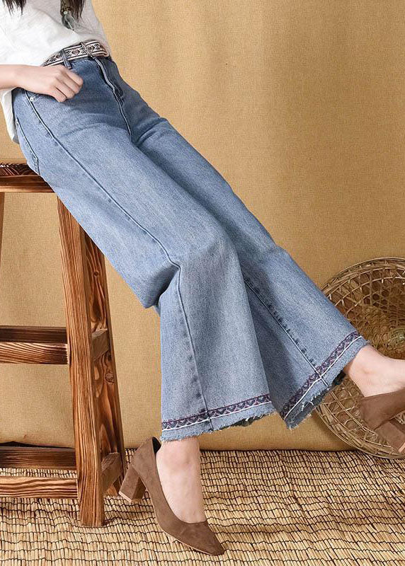 Stylish Blue High Waist Embroidered Pockets Cotton Straight Pants Summer