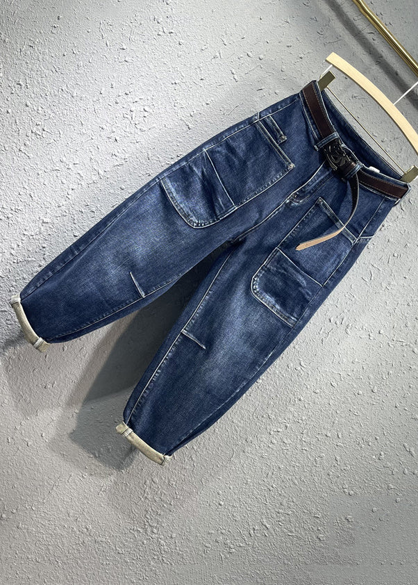 Stylish Blue High Waist Pockets Patchwork Denim Pants Autumn