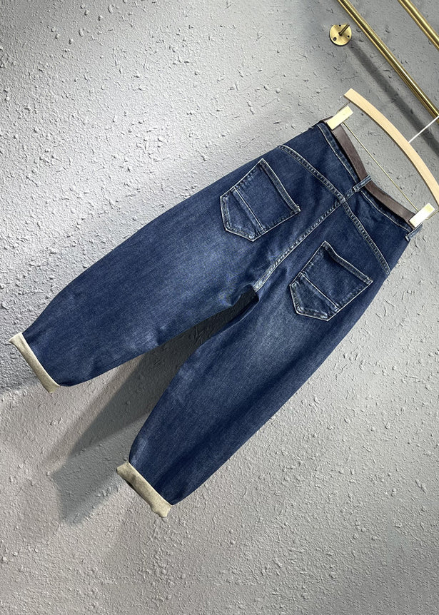 Stylish Blue High Waist Pockets Patchwork Denim Pants Autumn