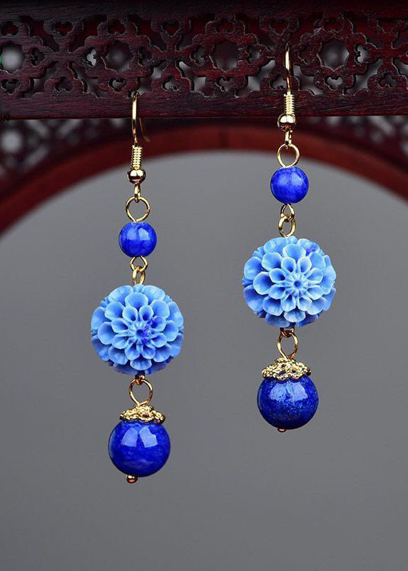 Stylish Blue Jade Floral Tassel Silver Drop Earrings