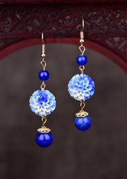 Stylish Blue Jade Floral Tassel Silver Drop Earrings