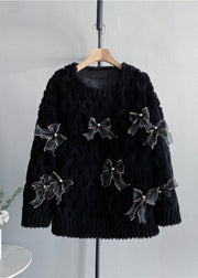 Stylish Blue O Neck Bow Wool Pullover Top Winter