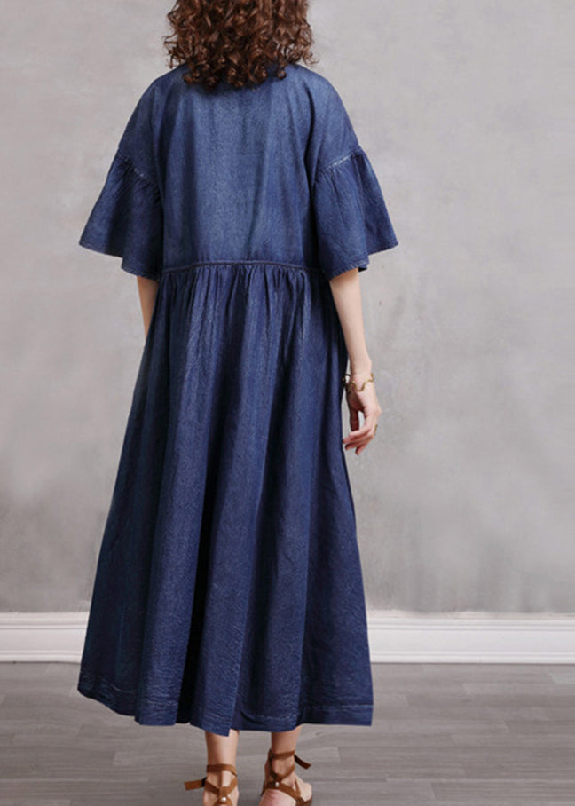 Stylish Blue O-Neck Cinched Embroidered Cotton denim Dresses Butterfly Sleeve