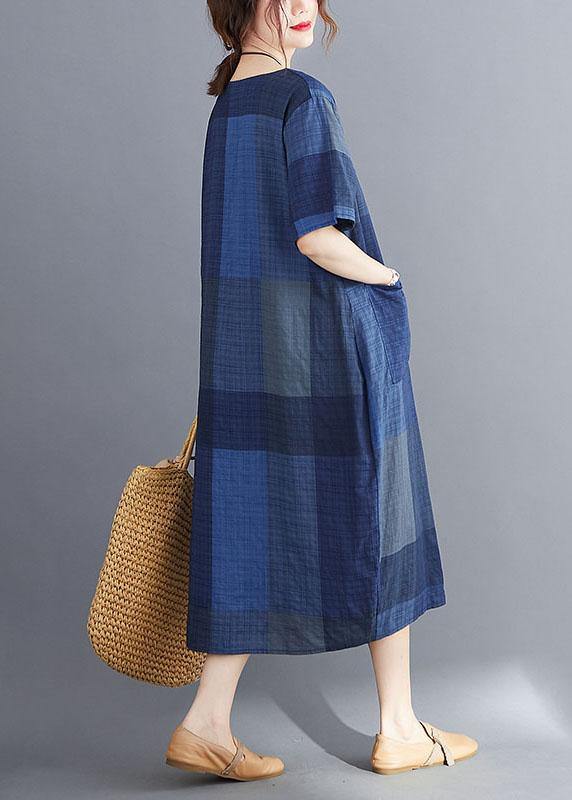 Stylish Blue O Neck Plaid Maxi Dresses Cotton Linen Summer - SooLinen