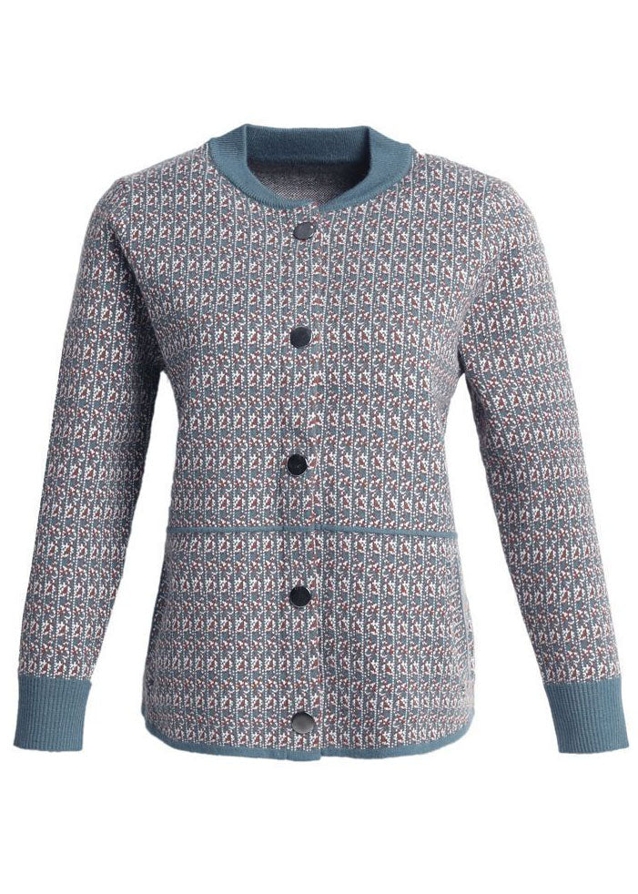 Stylish Blue O-Neck Pockets Patchwork Woolen Coats Long Sleeve