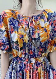 Stylish Blue O Neck Print Lace Up Patchwork Cotton Dress Summer