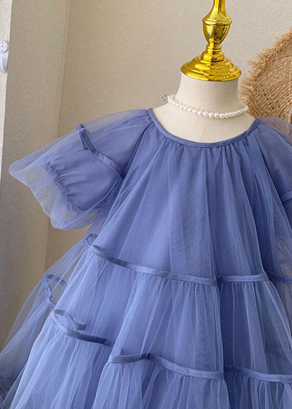 Stylish Blue O-Neck Ruffled Patchwork Tulle Kids Girls Dresses Summer