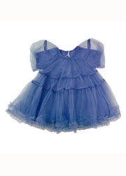 Stylish Blue O-Neck Ruffled Patchwork Tulle Kids Girls Dresses Summer
