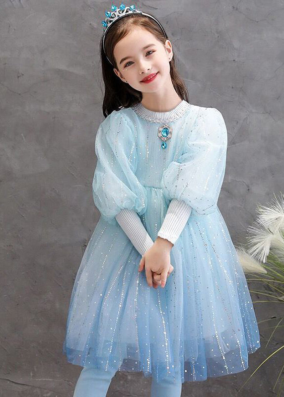 Stylish Blue O Neck Sequins Patchwork Tulle Baby Girls Princess Dress Fall