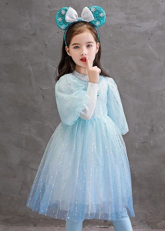 Stylish Blue O Neck Sequins Patchwork Tulle Baby Girls Princess Dress Fall