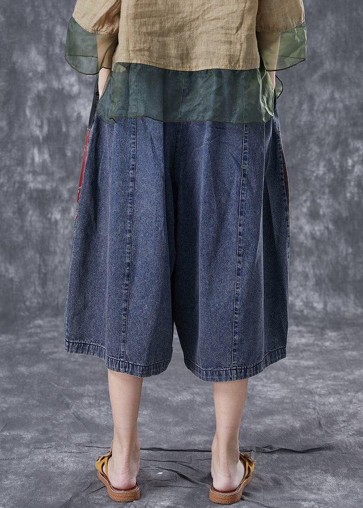 Stylish Blue Oversized Patchwork Denim Crop Pants Summer