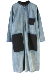 Stylish Blue Oversized Patchwork Pockets Cotton Denim Dresses Spring