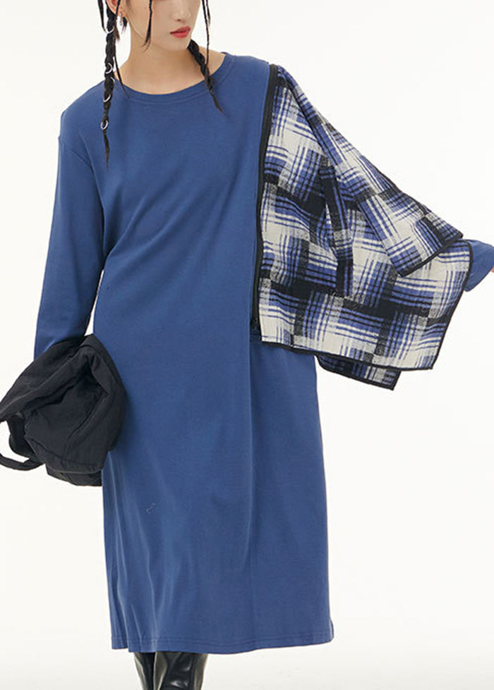Stylish Blue Oversized Patchwork Shawl Cotton Long Dress Spring