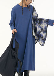Stylish Blue Oversized Patchwork Shawl Cotton Long Dress Spring