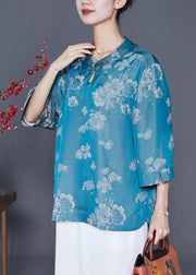 Stylish Blue Oversized Print Silk Shirt Top Bracelet Sleeve