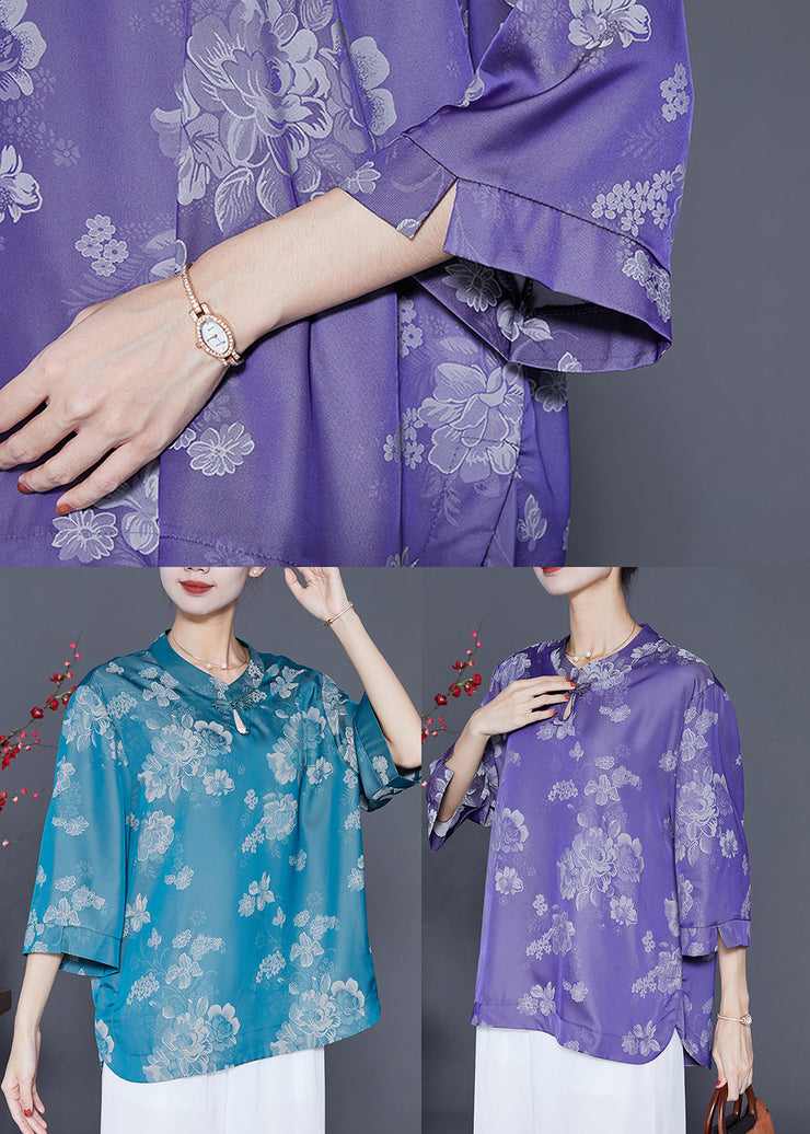 Stylish Blue Oversized Print Silk Shirt Top Bracelet Sleeve
