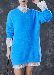 Stylish Blue Oversized Warm Mink Hair Knitted Dress Winter