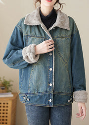 Stylish Blue Peter Pan Collar Patchwork Warm Fleece Denim Coats Winter