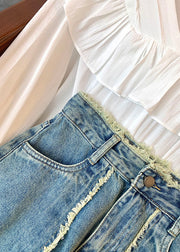 Stylish Blue Pockets High Waist Patchwork Denim Skirts Summer