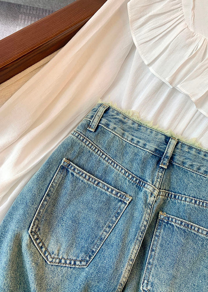 Stylish Blue Pockets High Waist Patchwork Denim Skirts Summer