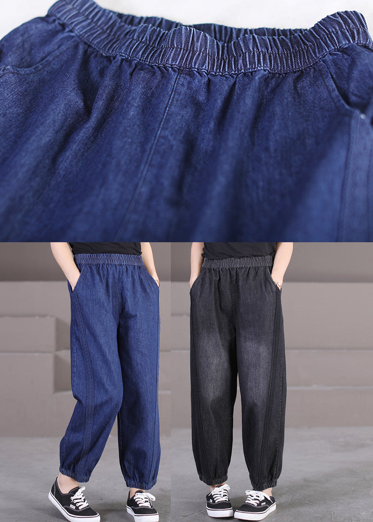 Stylish Blue Pockets Lace Patchwork Denim Beam Pants Fall