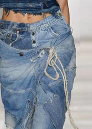 Stylish Blue Pockets Lace Up Patchwork Denim Beam Crop Pants Summer
