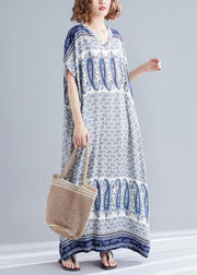 Stylish Blue Print Cotton V Neck Summer Dress - SooLinen