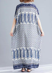 Stylish Blue Print Cotton V Neck Summer Dress - SooLinen