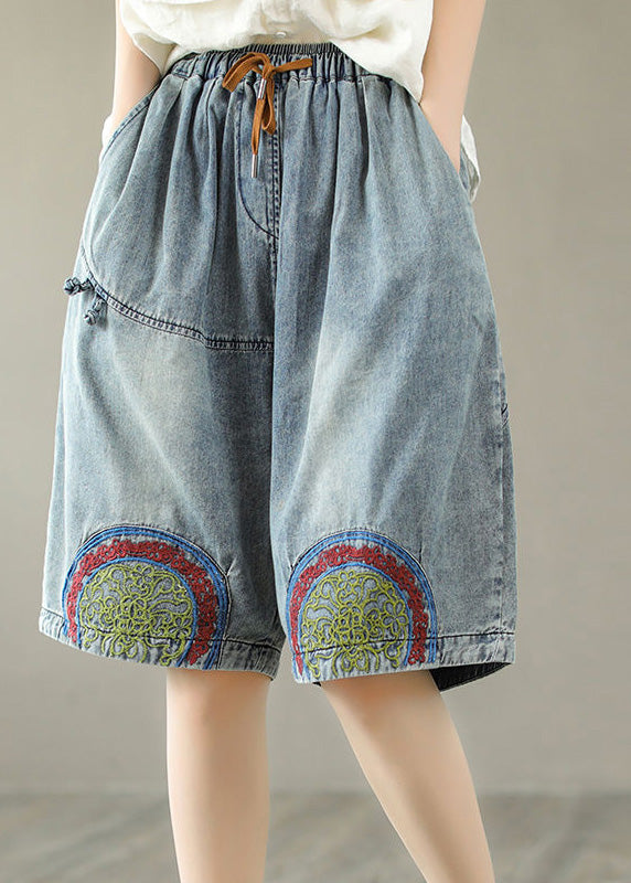 Stylish Blue Print Elastic Waist Shorts Summer