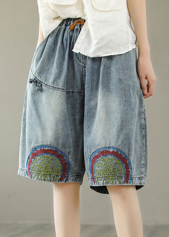 Stylish Blue Print Elastic Waist Shorts Summer