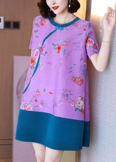 Elegant Purple Floral Oriental Mini Dress Summer Outfits - SooLinen