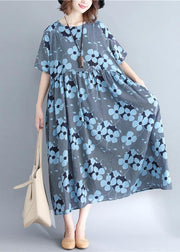 Stylish Blue Print Short Sleeve Summer Cotton Dress - SooLinen