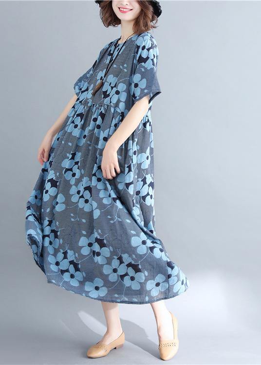 Stylish Blue Print Short Sleeve Summer Cotton Dress - SooLinen