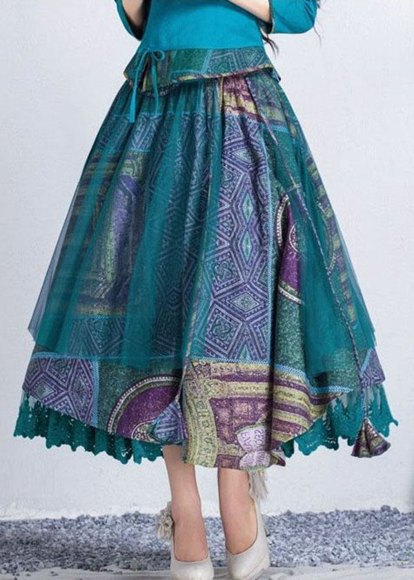 Stylish Blue Print Wrinkled Lace Patchwork Chiffon Skirt Summer