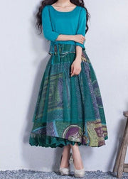 Stylish Blue Print Wrinkled Lace Patchwork Chiffon Skirt Summer